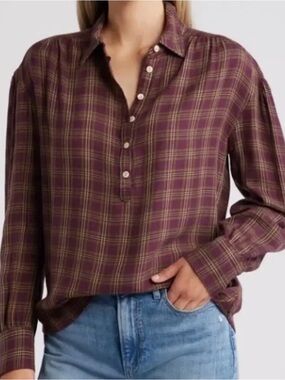 Faherty Burgundy Plaid Button-Front Shirt Wool Blend Gauze Lightweight